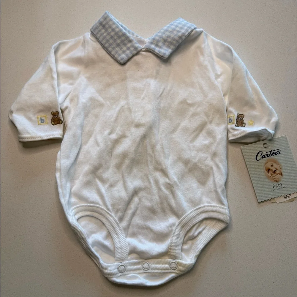 VTG Carter's Deadstock Collared Onesie - Blue Gingham & Embroidered Bear - 0-3M‎